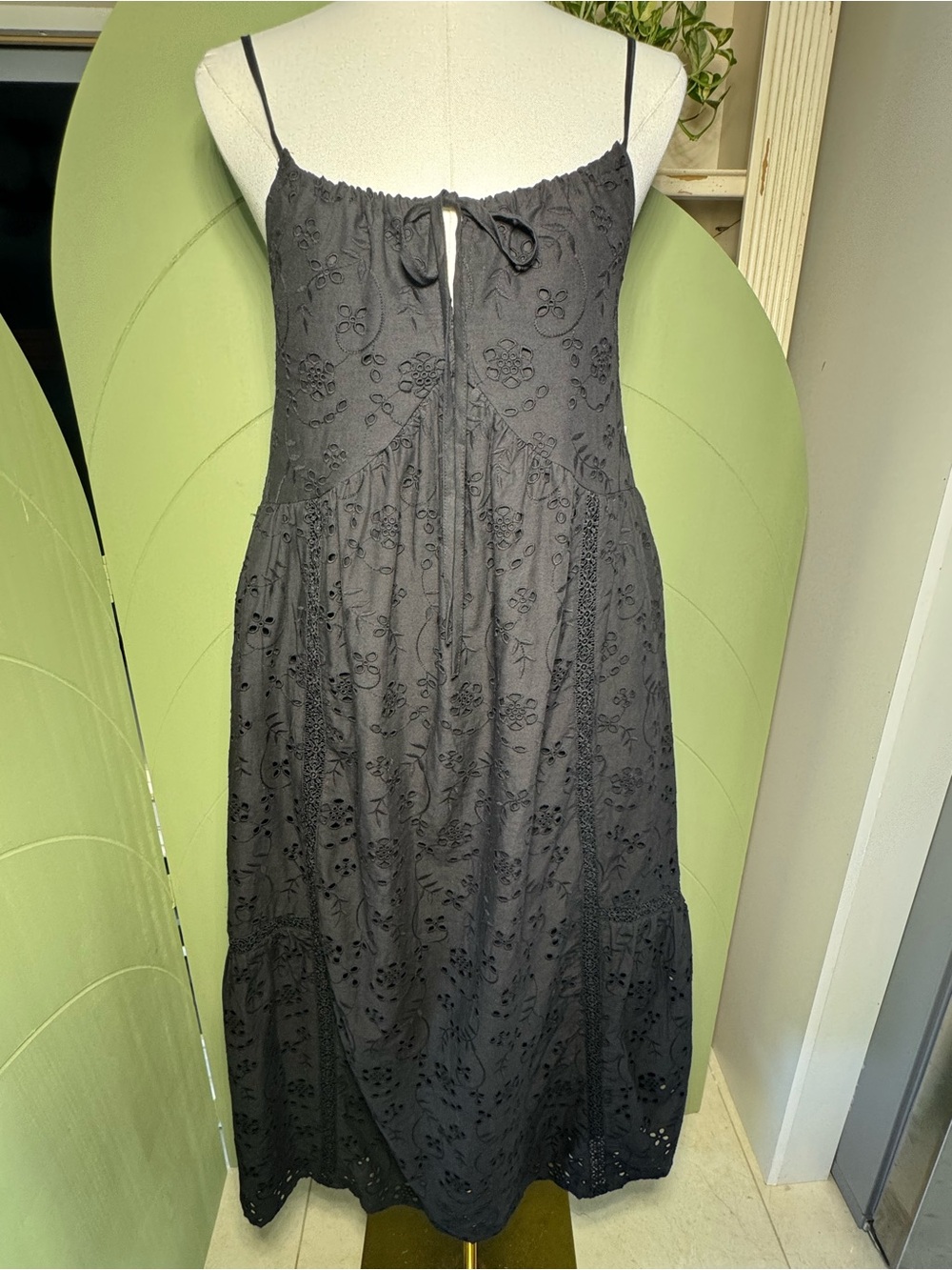 Black Eyelet Tie-Front Midi Dress
